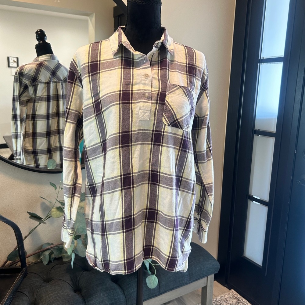 Eddie Bauer Womens Purple Yellow Plaid Flannel Tencel Blend Shirt Medium 1094
